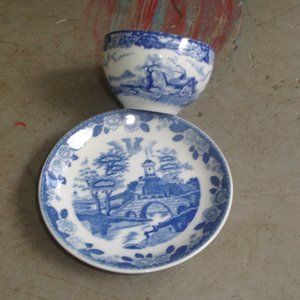 Maruta teacup saucer set bone china Occupied Japan blue castle scene